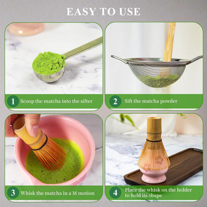 Matcha Whisk Set with Ceramic Bowl - Complete Matcha Making Kit, Bamboo Whisk (Chasen), Whisk Holder, Matcha Powder Sifter, Scoop, Japanese Tea Ceremony Tools（Green）