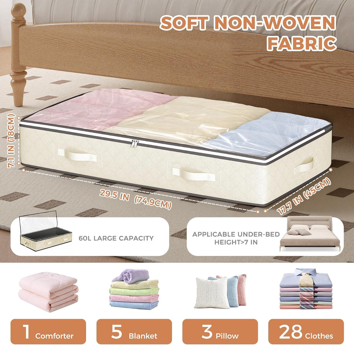 Budding Joy 95L Under Bed Storage Containers, 4 Pack Closet Organizers Grey