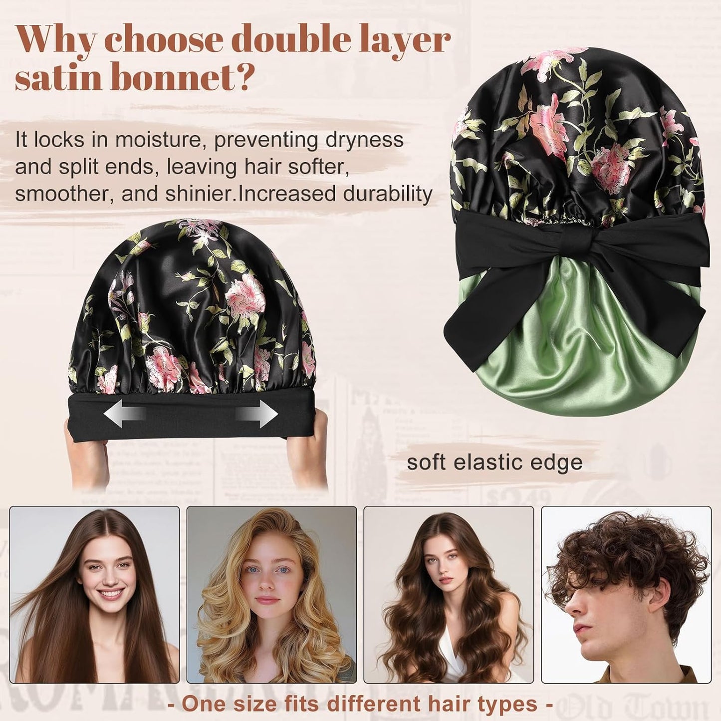 Satin Bonnet for Sleeping Cap Double Layer Hair Bonnet with Elastic Tie Band for Curly Hair Night Cap (Bean Paste + Pink)