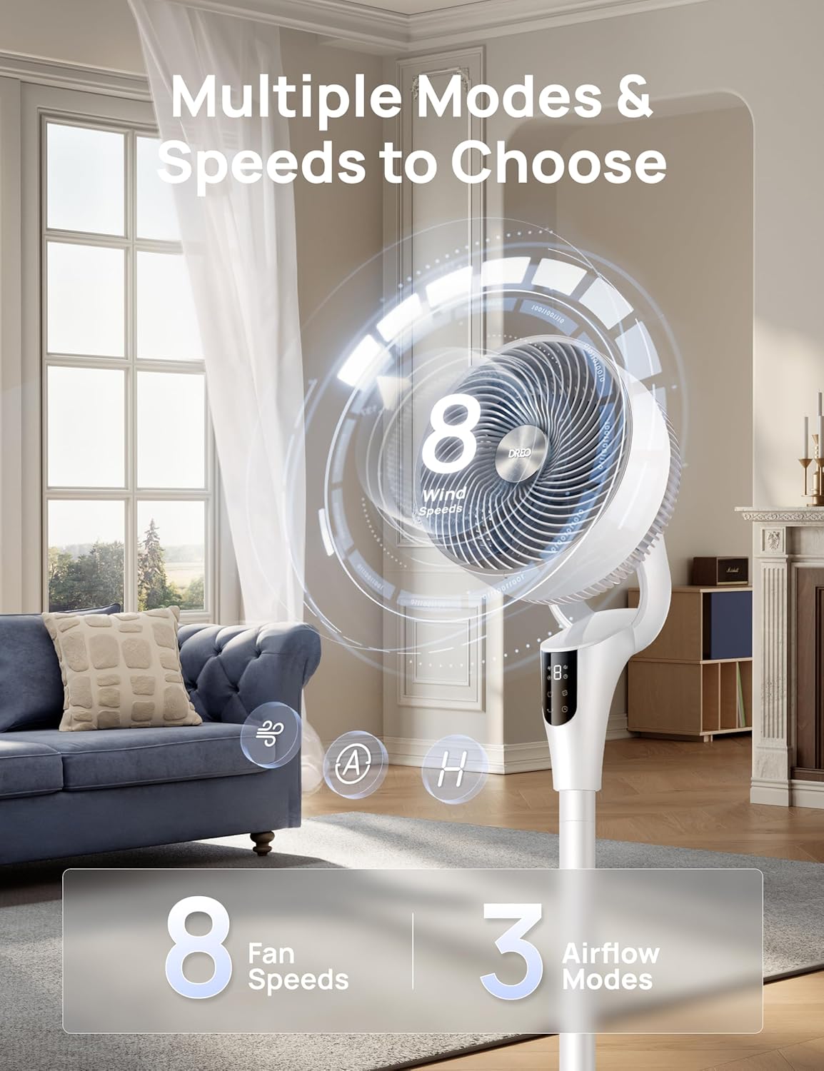 DREO Fan for Bedroom, 2026 Upgraded, 90ft Airflow, 20dB Quiet Fan, 90° Oscillating Standing Fan for Whole Room, DC Motor, 8+H Speeds, 3 Modes, 38-42'' Adjustable Height, 8H Timer, 105° Manual Vertical