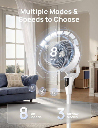 DREO Fan for Bedroom, 2026 Upgraded, 90ft Airflow, 20dB Quiet Fan, 90° Oscillating Standing Fan for Whole Room, DC Motor, 8+H Speeds, 3 Modes, 38-42'' Adjustable Height, 8H Timer, 105° Manual Vertical