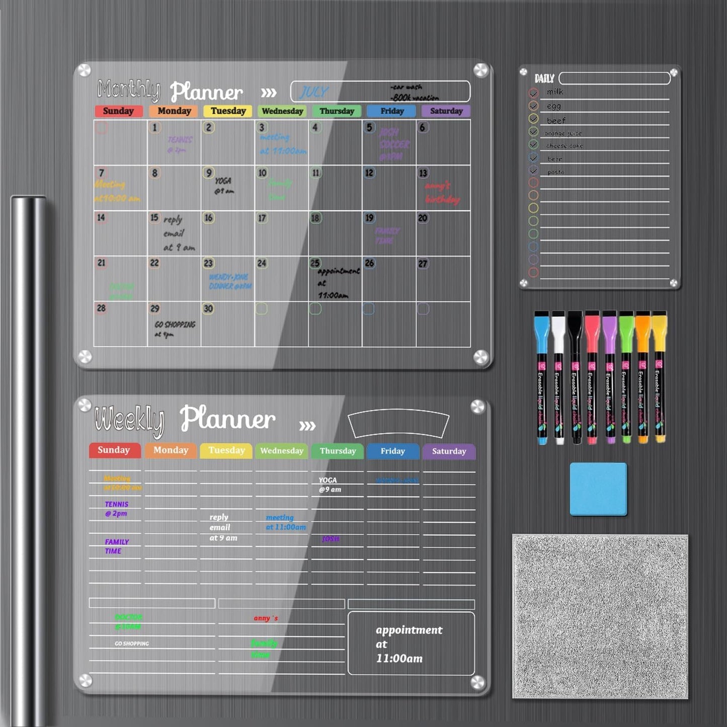Hivillexun Magnetic Black Dry Erase Calendar White Board Set (3-Pack) - Monthly, Weekly Planners & Daily Notepad for Fridge, Home & Office, Includes 8 Markers