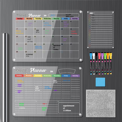 Hivillexun Magnetic Black Dry Erase Calendar White Board Set (3-Pack) - Monthly, Weekly Planners & Daily Notepad for Fridge, Home & Office, Includes 8 Markers