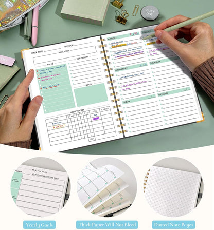 Undated Weekly Planner, Hardcover Leather Weekly & Monthly Calendar Blank Planner, To Do List Notebook with Goal & Habit Tracker Organizer, A5 Daily Planner with Spiral Binding, Ideal for Work School Home, Black