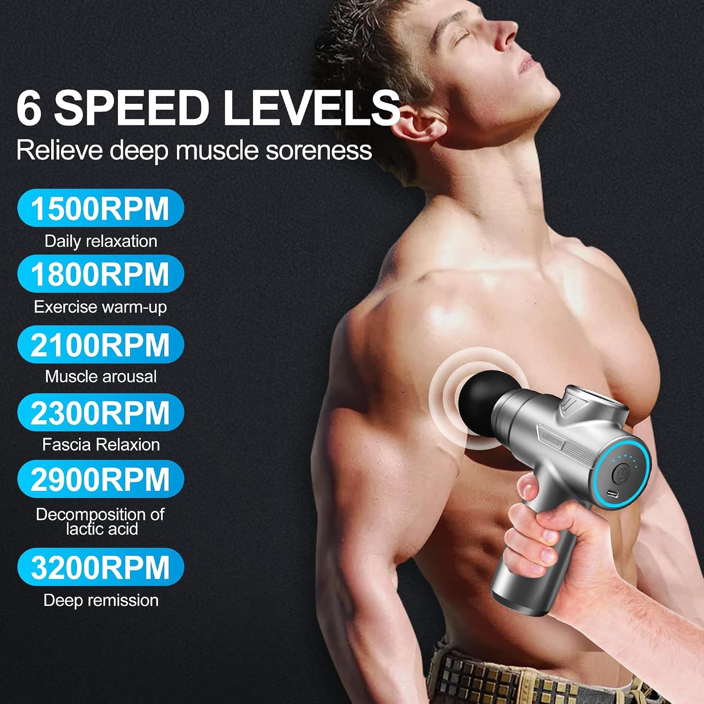 LEERCON Mini Massage Gun, Deep Tissue Relief, 6 Speeds, 4 Heads, Portable for Travel, Office & Home, Gift for Men & Women (Gray)