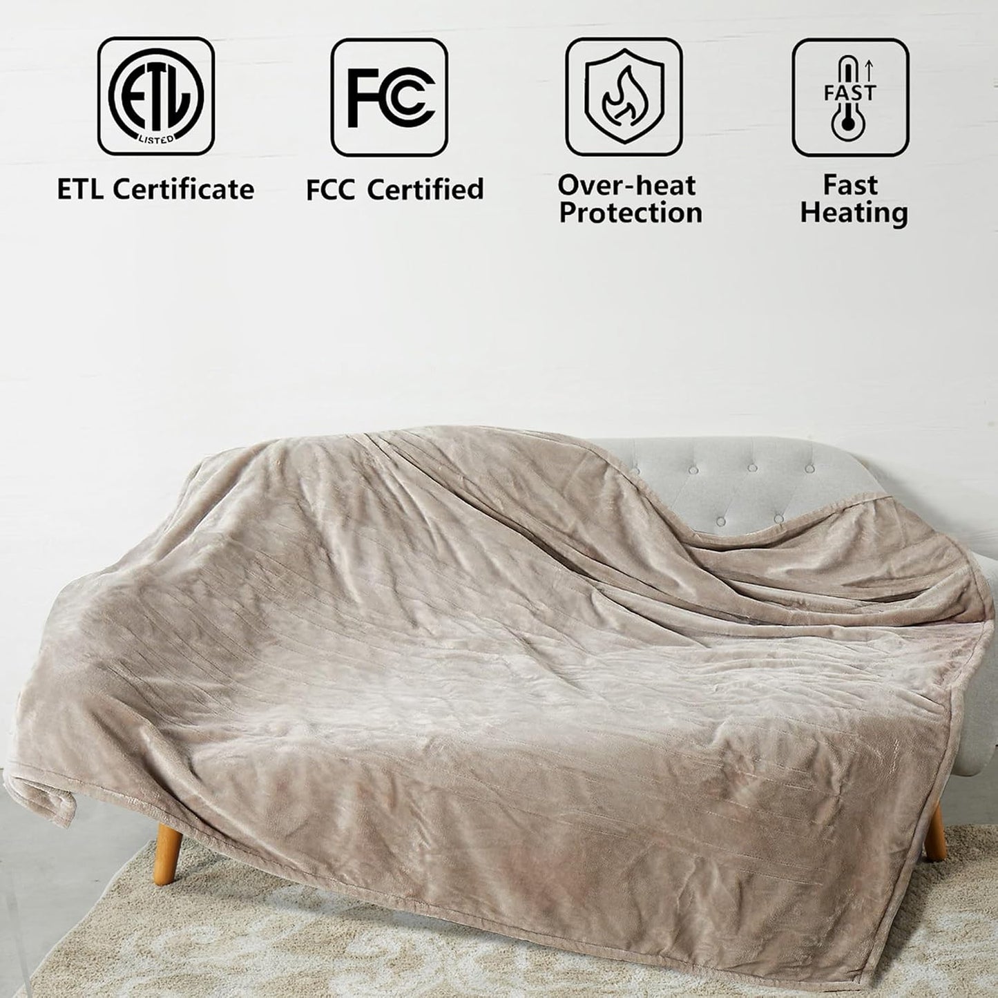 Tefici Heated Blanket Throw 50"x60", Ultra Soft 2-Layer Flannel Electric Blanket, for Home Office Sofa,3 Heat Settings, 4H Auto Off, ETL FCC Certified, Overheat Protection, Machine Washable, Camel