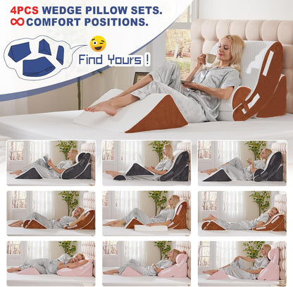4PCS Orthopedic Bed Wedge Pillow Set for Sleeping, Post Surgery Foam Support Pillows for Back, Neck and Leg Pain Relief, Adjustable Triangle Pillow – Acid Reflux, GERD & Snoring Recovery, White Grey