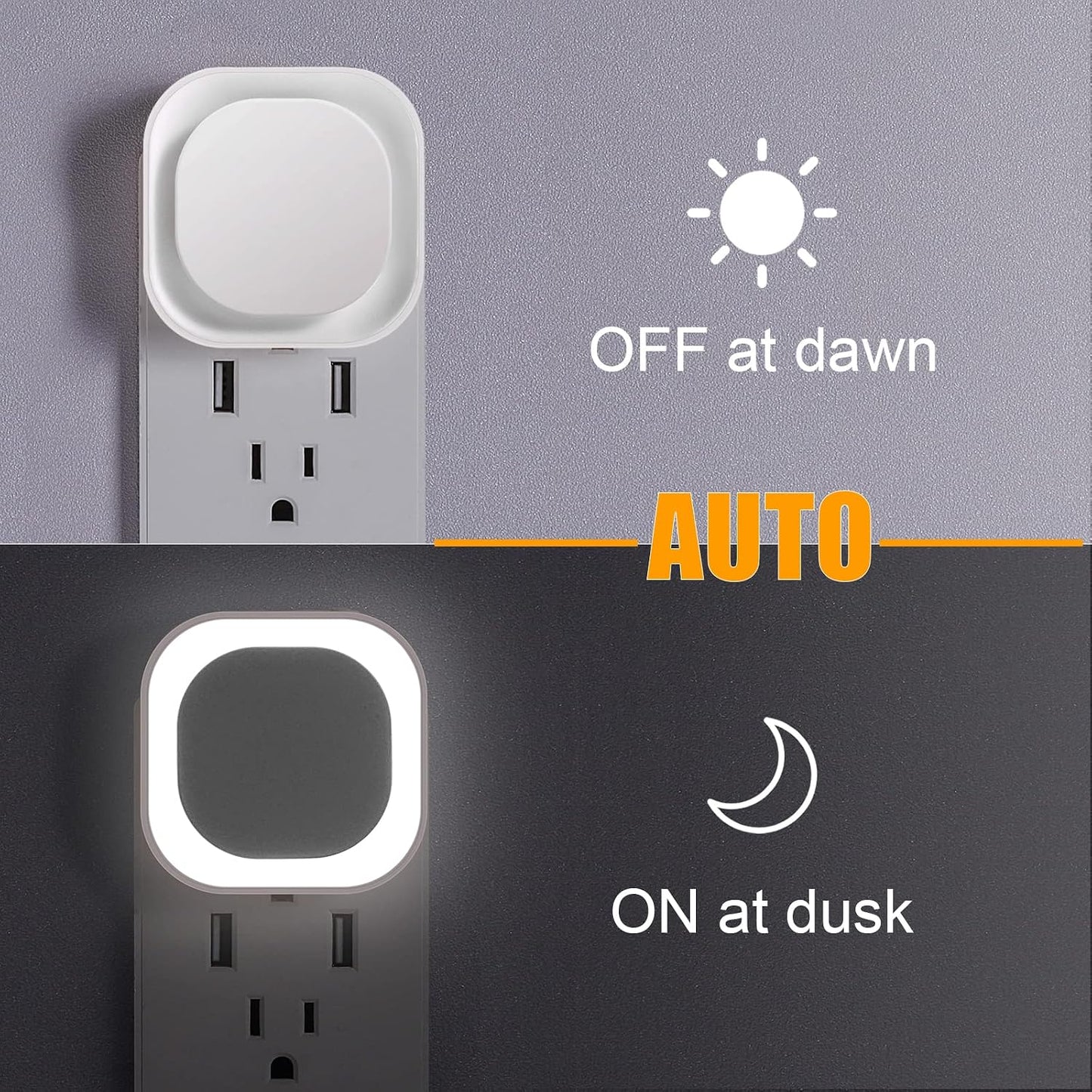YUNLEX 2 Pack Amber Night Light, Dusk to Dawn Sensor, Warm Glare-Free Reflected Glow, 3-Level Dimmer, Auto On/Off, Plug-in LED Nightlight for Bedroom, Kids, Bathroom, Sleep, Baby Nursery, Toddler