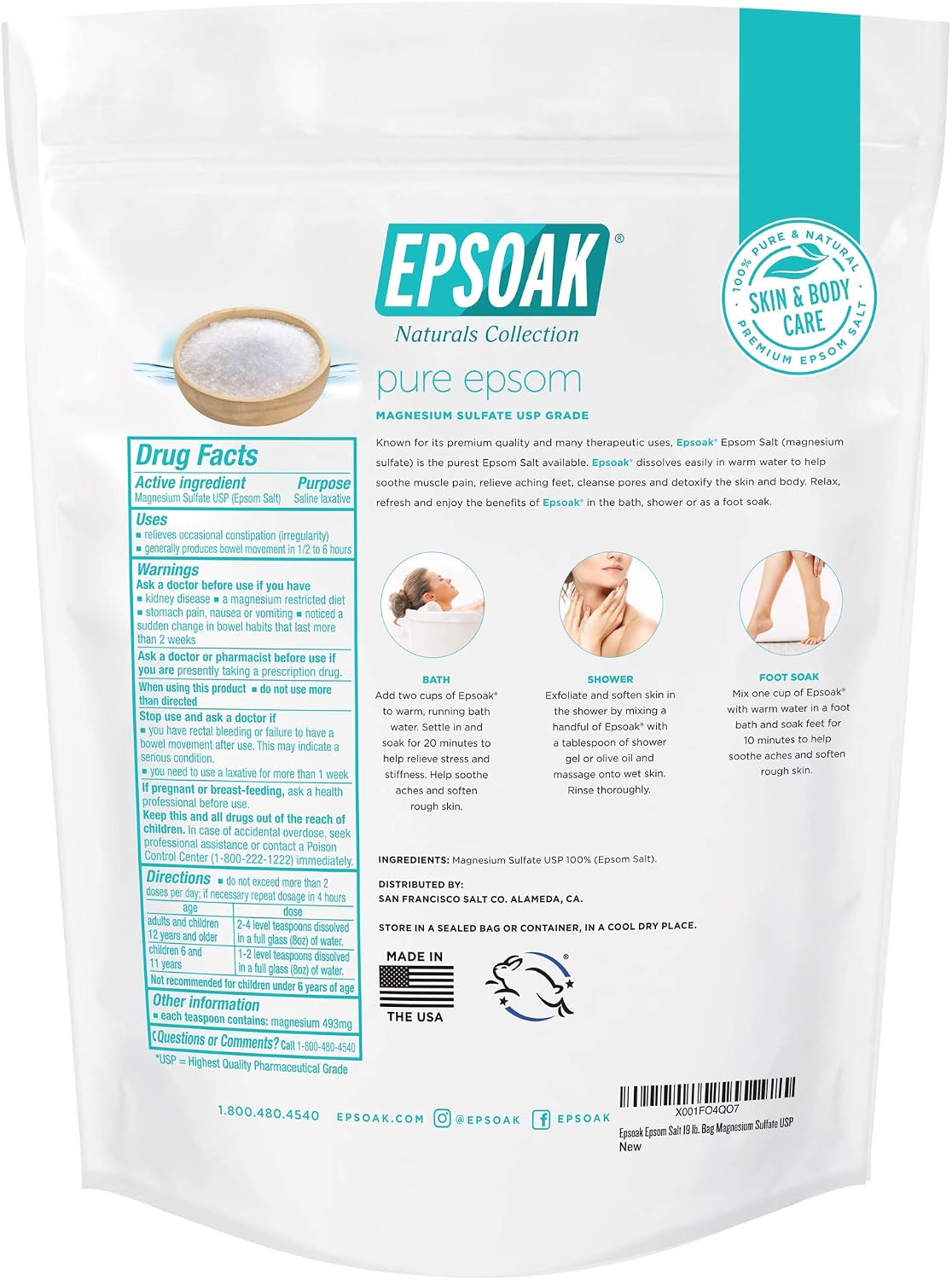 Epsoak Epsom Salt 38 lb. Magnesium Sulfate USP. (Qty. 2 x 19 lb. Bags) Resealable Epsom Salt Bag Unscented, Made in The USA, Cruelty-Free Certified
