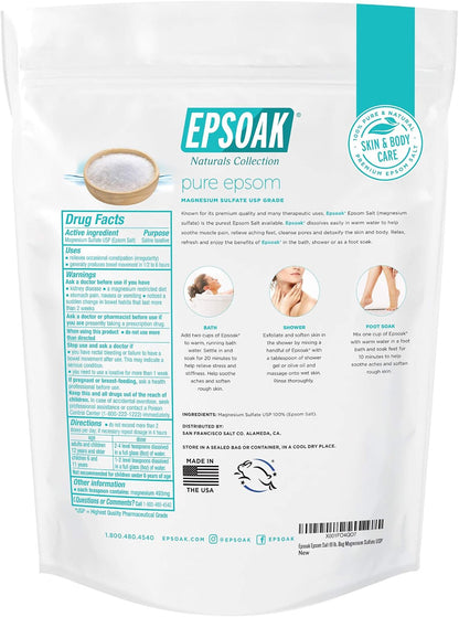Epsoak Epsom Salt 38 lb. Magnesium Sulfate USP. (Qty. 2 x 19 lb. Bags) Resealable Epsom Salt Bag Unscented, Made in The USA, Cruelty-Free Certified