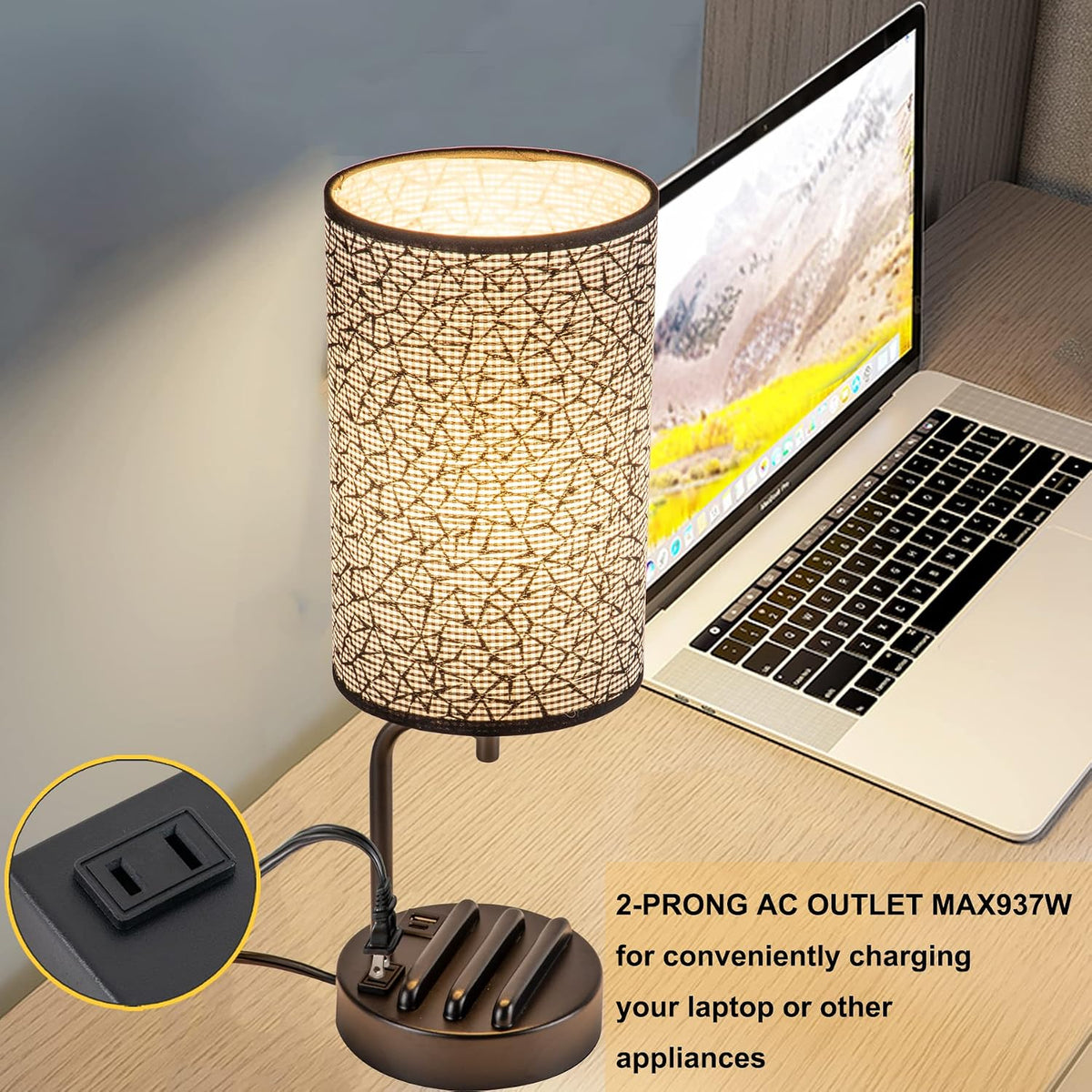 Dreamholder Touch Control USB Table Lamp, Upgraded 3-Way Dimmable Bedside Desk Lamp with USB C & A Charging Ports and AC Outlet, Nightstand Lamp for Bedroom, Dimmable 9W LED Bulb Included