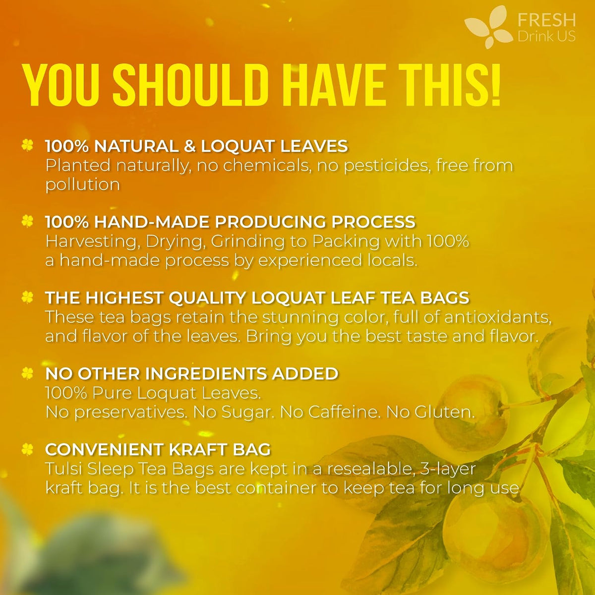 FreshDrinkUS, Premium Loquat Leaf Tea, 40 Count, Pure, Caffeine Free