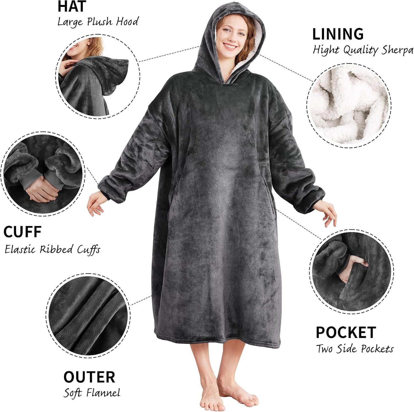 AmyHomie Wearable Blanket Hoodie for Adults & Teens,Oversized Sherpa Hooded Blanket,Warm Cozy Blanket Sweatshirt as Christmas Birthday Gifts for Women Men