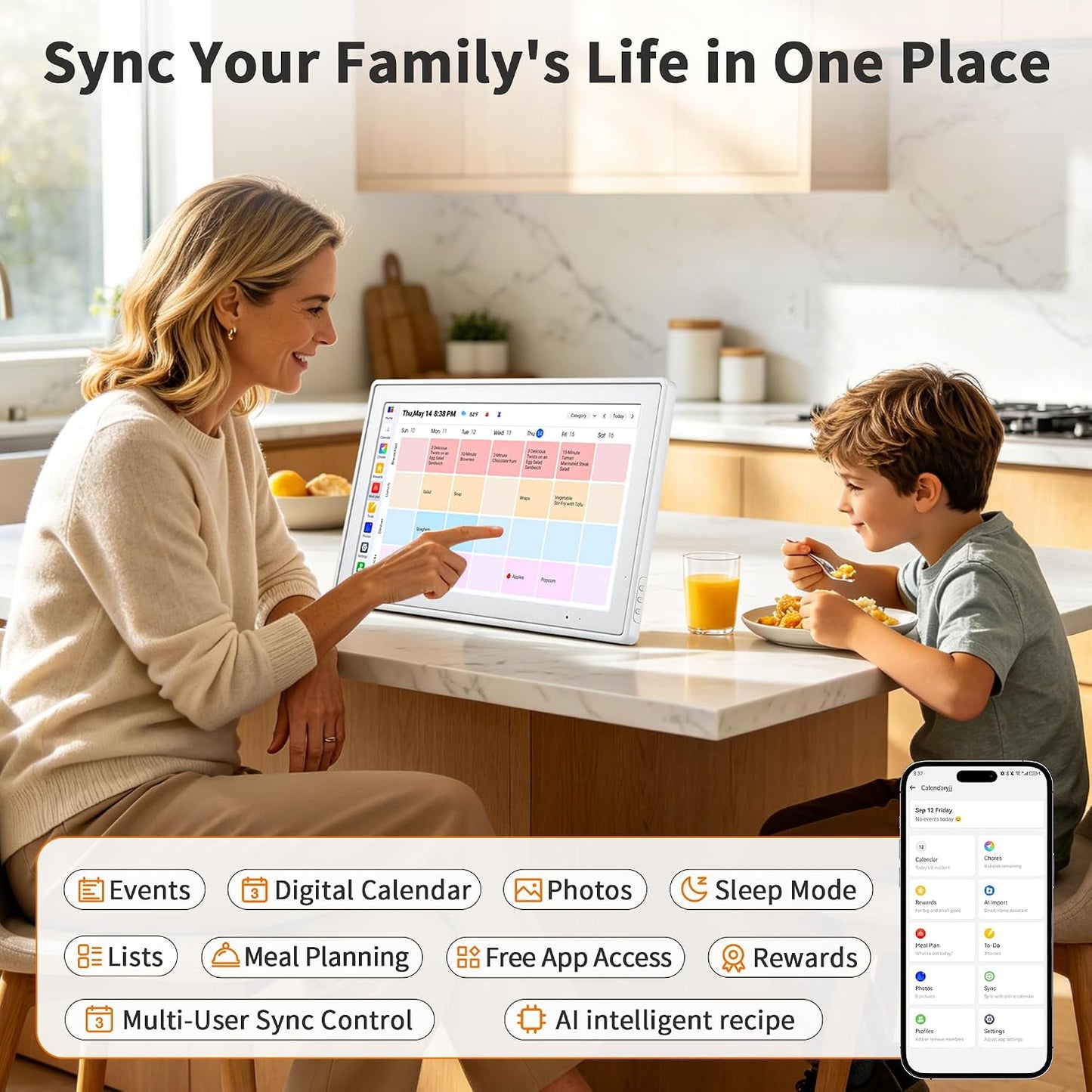 Digital Calendar, 10.1 Inch Electronic Calendar for Family Schedules, Smart Touchscreen Interactive Family Planner with Chore Chart, Meal Planner, Digital Picture Display, Gift for Mom Dad Mother (Wood Grain Color)