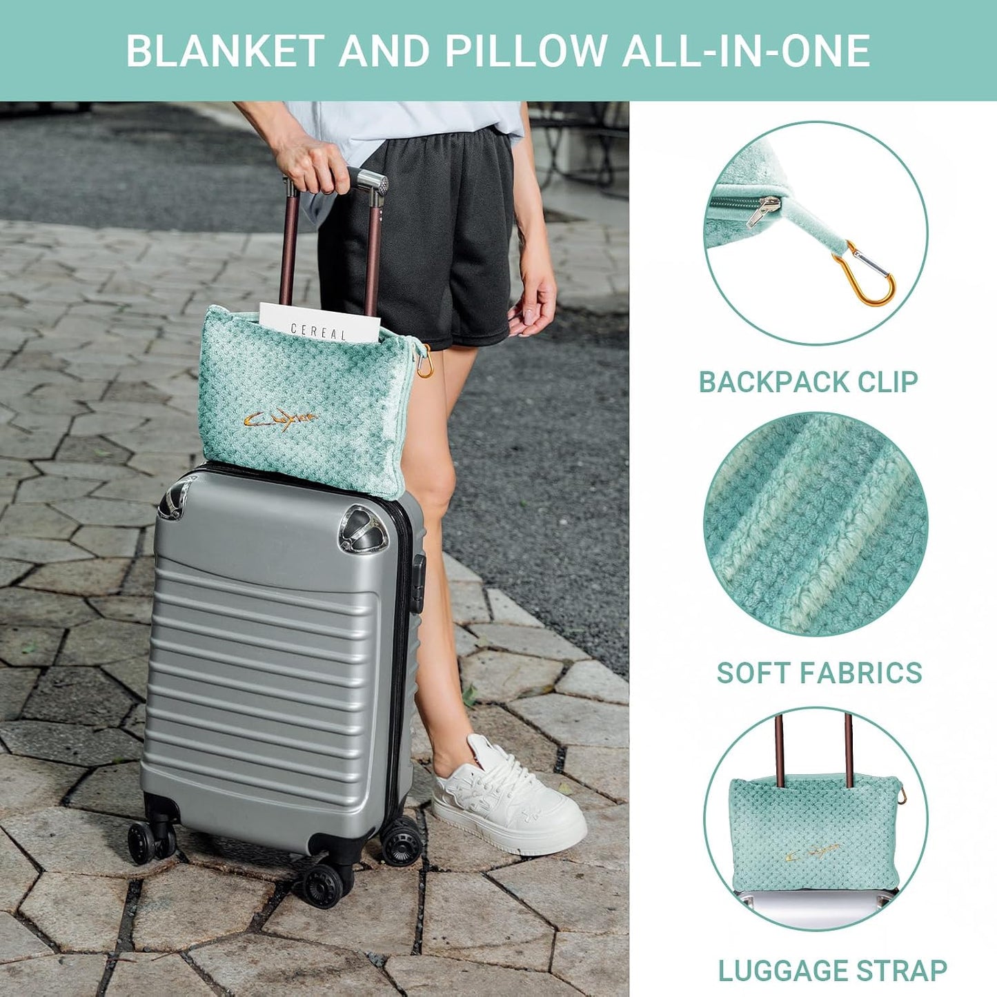 Compact Travel Blanket for Airplane, Premium Soft 2-in-1 Blanket with Pillowcase and Carry Bag, Lightweight Travel Essentials with Luggage Sleeve and Backpack Clip, Mint Green