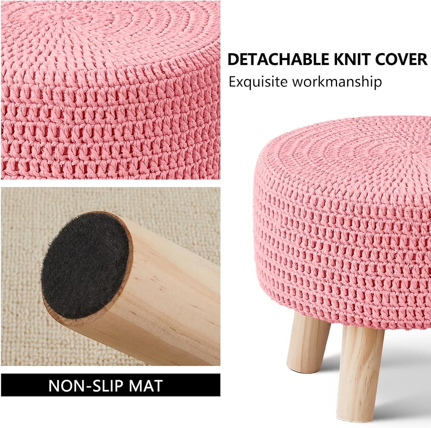 Wimarsbon Pouf Ottoman, 100% Cotton Knitted Boho Footstool, Round Footrest with Non-Skid Wood Legs, Home Décor Handmade Pouffe, Leisure Floor Step Stool for Living Room (Beige)