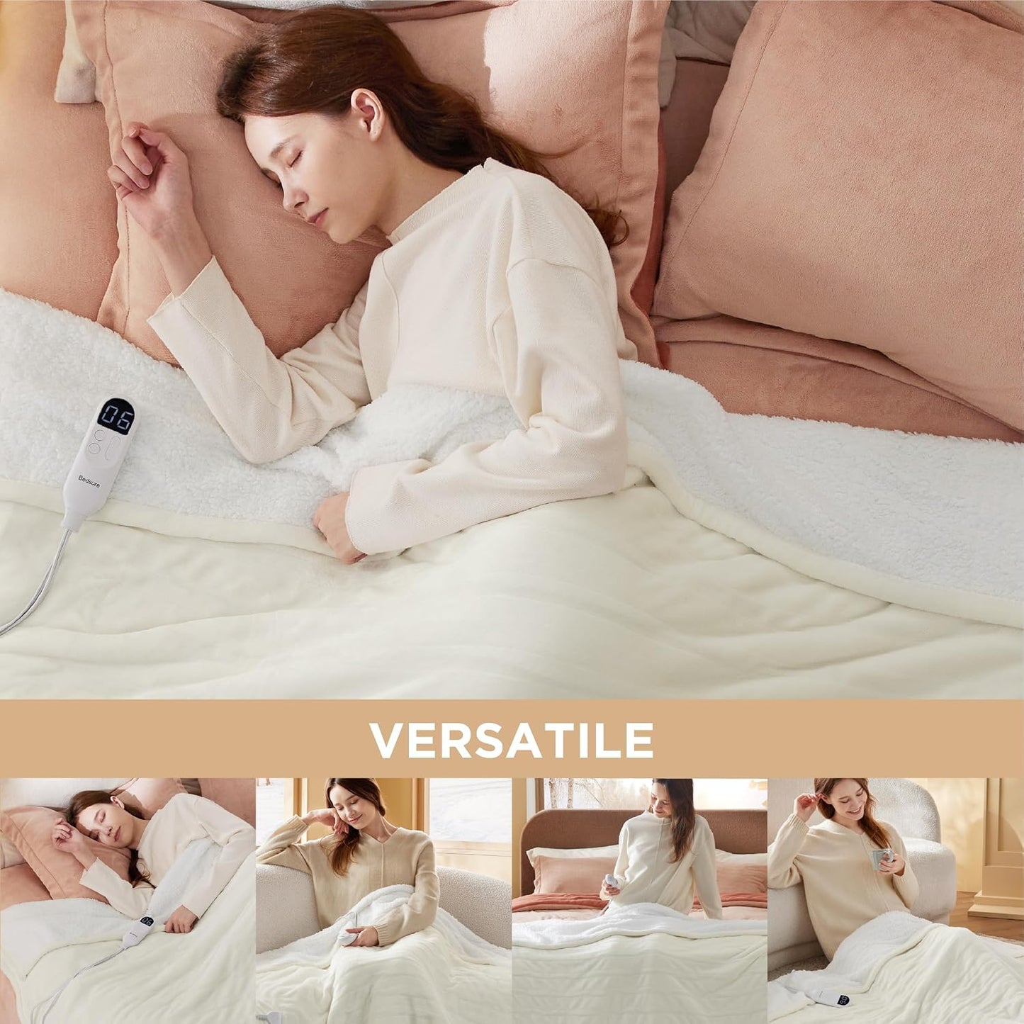 Bedsure Heated Blanket Throw Blanket with Preheat Function - Fast Heating Electric Blanket, Soft Flannel Throw with 6 Time Settings(Up to 10H), 6 Heating Settings, Gifts for Grandma (50"x60", Cream)