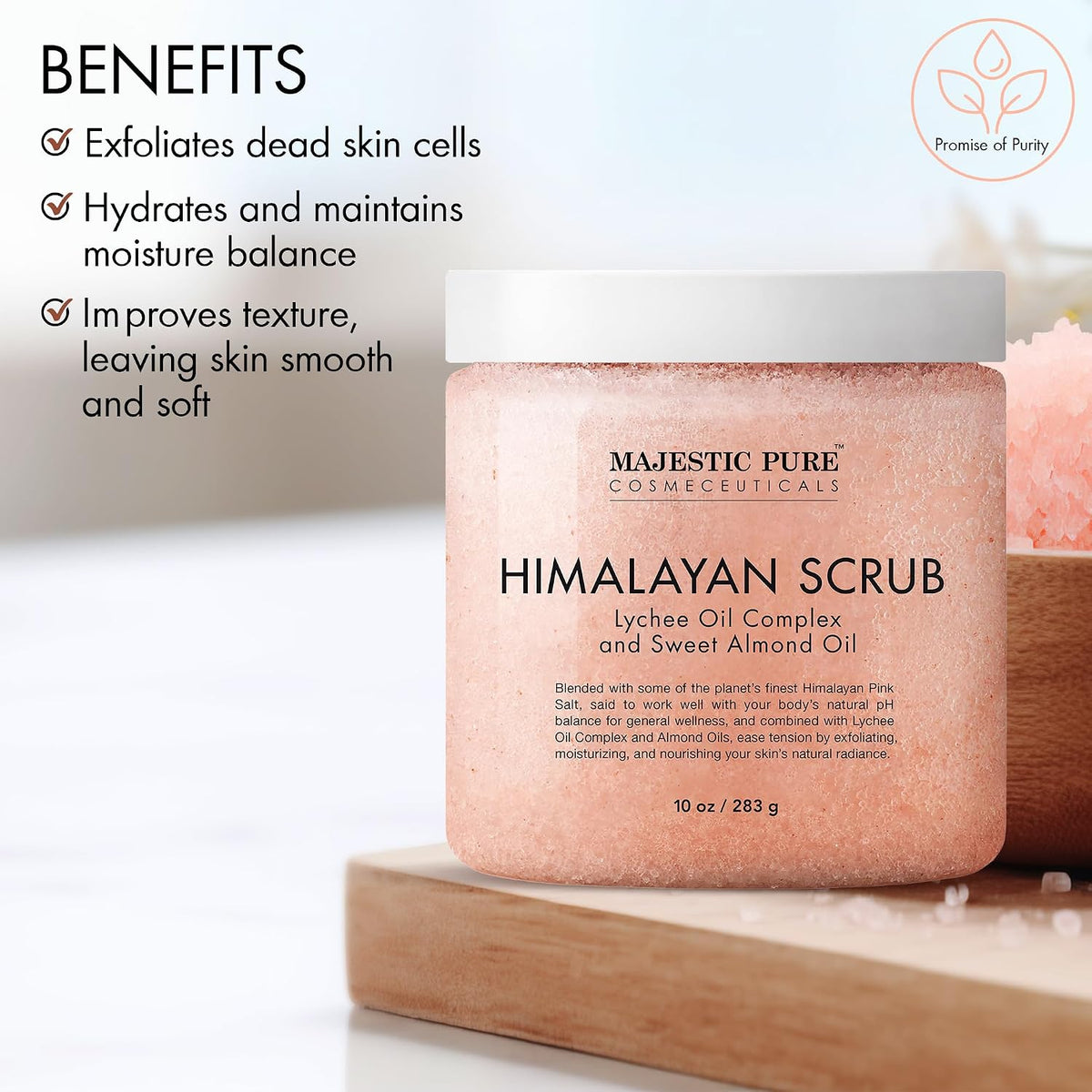 Majestic Pure Himalayan Salt Body Scrub, Lychee Oil Exfoliant, 10 Oz