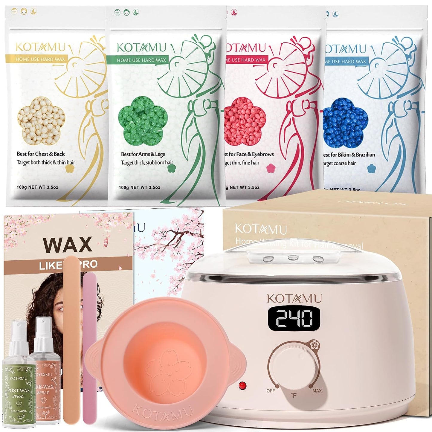 KOTAMU Waxing Kit for Women & Men, Pink Digital Wax Pot Warmer Hair Removal | Home Hard Wax Kit, Wax Machine, Face, Eyebrow, Bikini, Brazilian, Body, Sensitive Skin, 25 Accessories, Beginner-Friendly