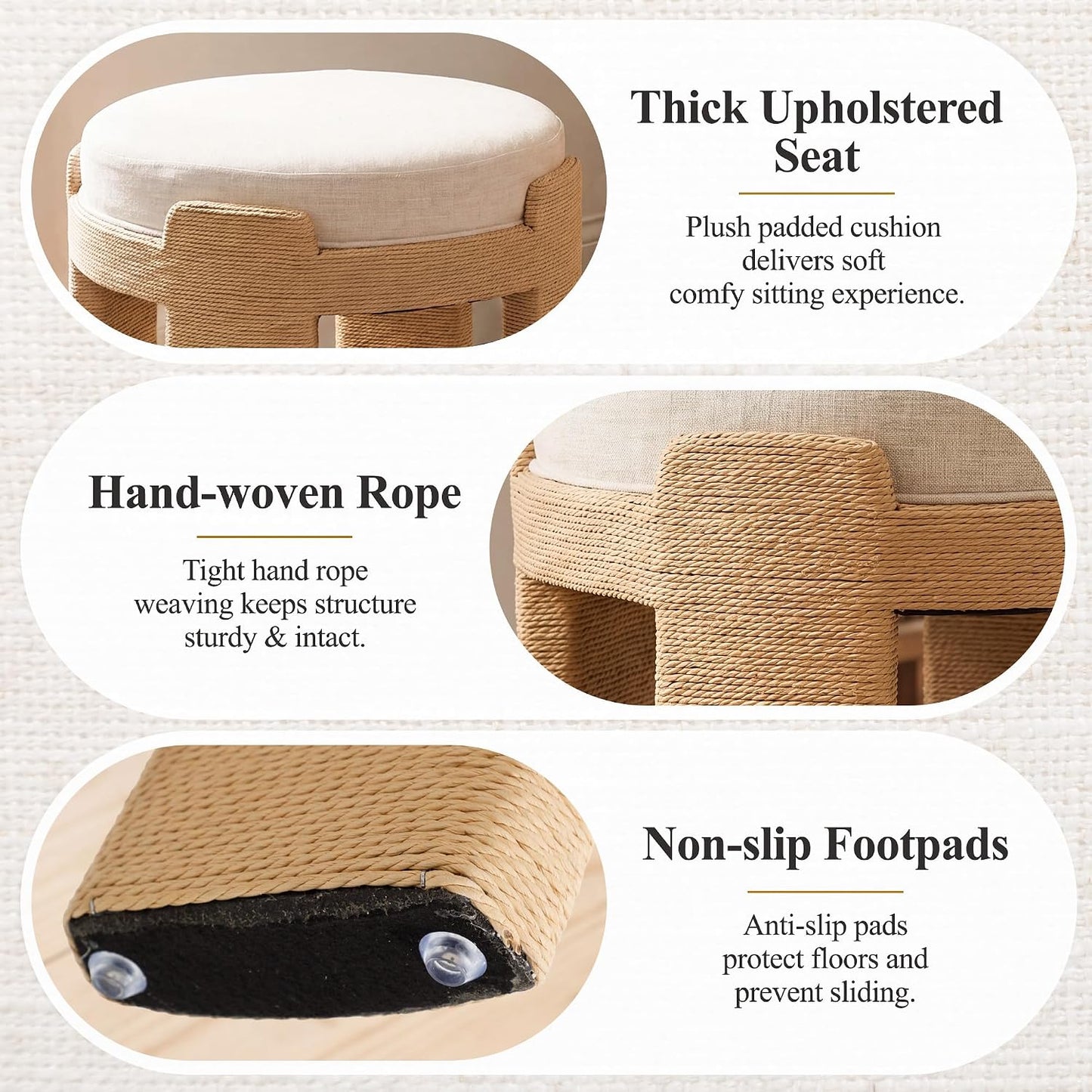 Round Foot Stool Ottoman Set of 2, Boho Hand-Woven Rope Upholstered Accent Footrest Vanity Stool Fully Assembled for Bedroom Living Room, Beige Linen