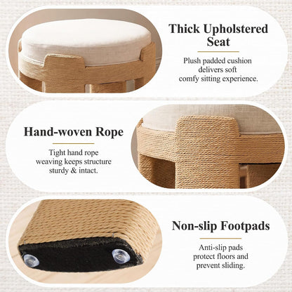 Round Foot Stool Ottoman Set of 2, Boho Hand-Woven Rope Upholstered Accent Footrest Vanity Stool Fully Assembled for Bedroom Living Room, Beige Linen