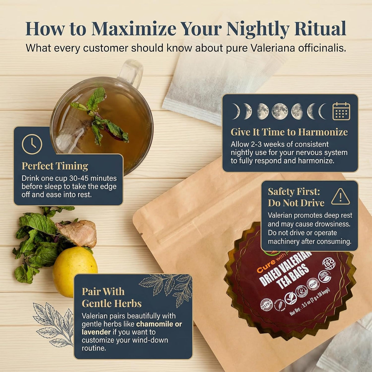 Cure Wid Pure Organic Valerian Root Tea Bags for Sleep Bleach-Free 50 Bags