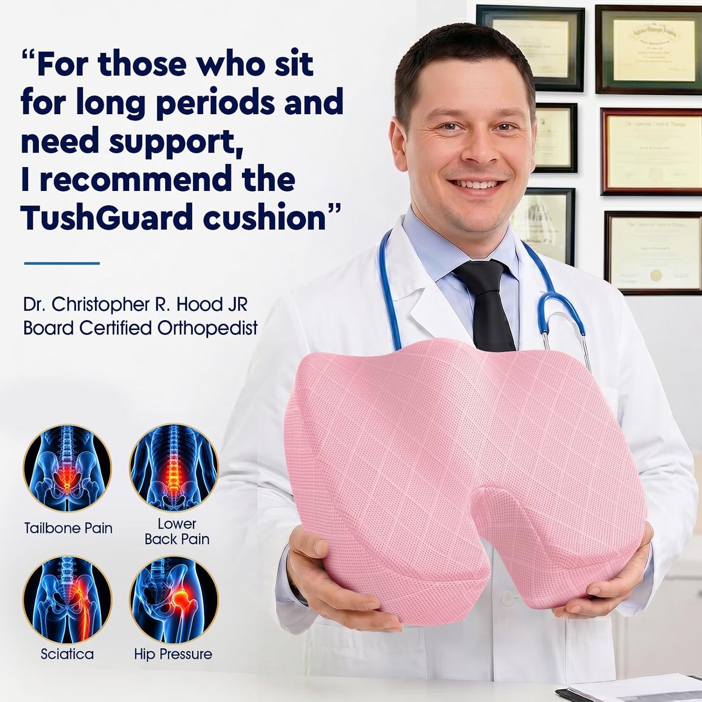TushGuard Seat Cushion - Memory Foam Sitting Pillow for Office Chair, Car Seat, Airplane, Bleacher - Sciatica & Hip & Coccyx Pain Relief Desk Chair Cushion for Long Sitting Office Workers, Car Drivers