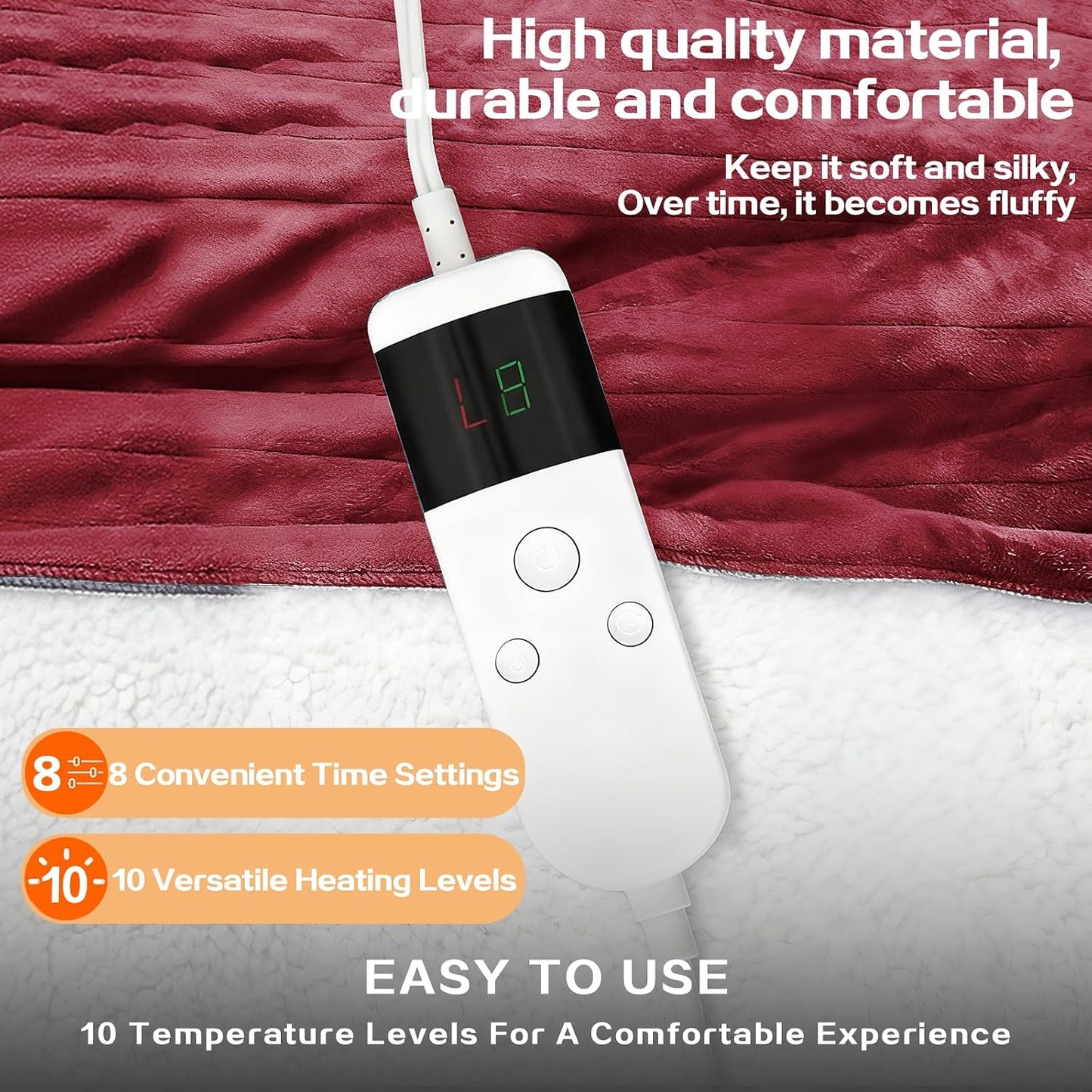 Electric Heated Blanket Throw Size 50''x60''-Control Heating Blanket, Soft & Warm Flannel 10-Level Temperature Control, 8 Hours Auto Off, Rapid Heating & Overheat Protection