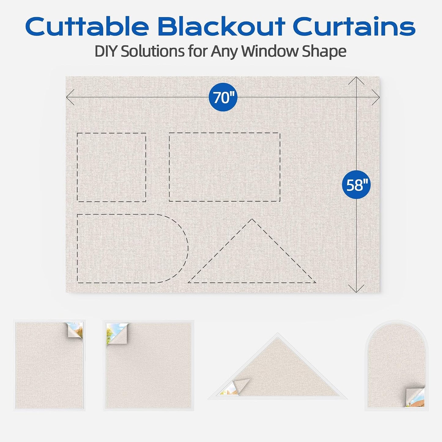 Linen Blackout Curtains for Bedroom, 70" x 58" Portable Black Out Blinds with 20 Sets Hooks & Loops Strips for 100% Blackout Window Film, Temporary Black-Out Shades for Windows Cover Travel RV- Cream
