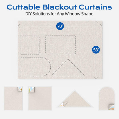 Linen Blackout Curtains for Bedroom, 70" x 58" Portable Black Out Blinds with 20 Sets Hooks & Loops Strips for 100% Blackout Window Film, Temporary Black-Out Shades for Windows Cover Travel RV- Cream