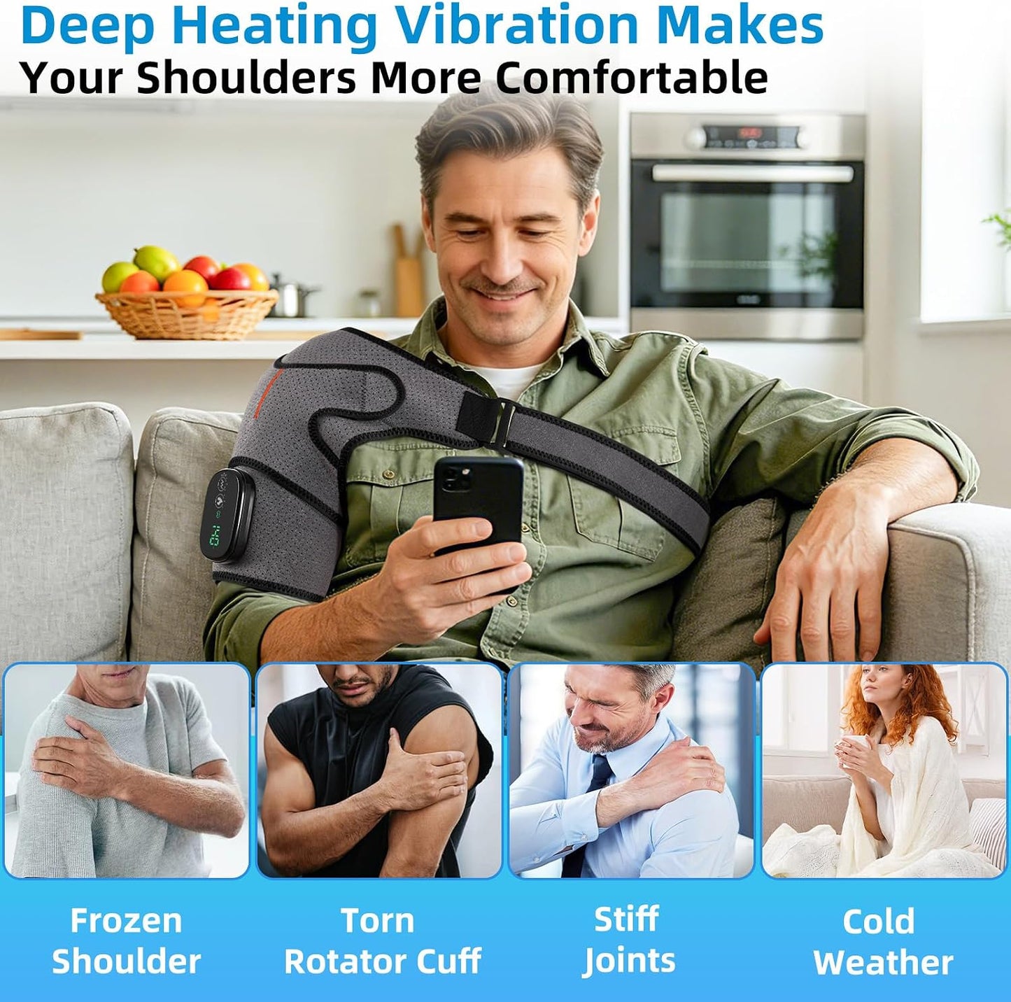 Cordless Shoulder Heating Pad with Massager, 5000mAh Rechargeable Heated Shoulder Wrap with 3 Timer,3 Vibration,3 Heat, Shoulder Brace for Rotator Cuff Pain Relief & Deep Tissue Comfort, Men & Women