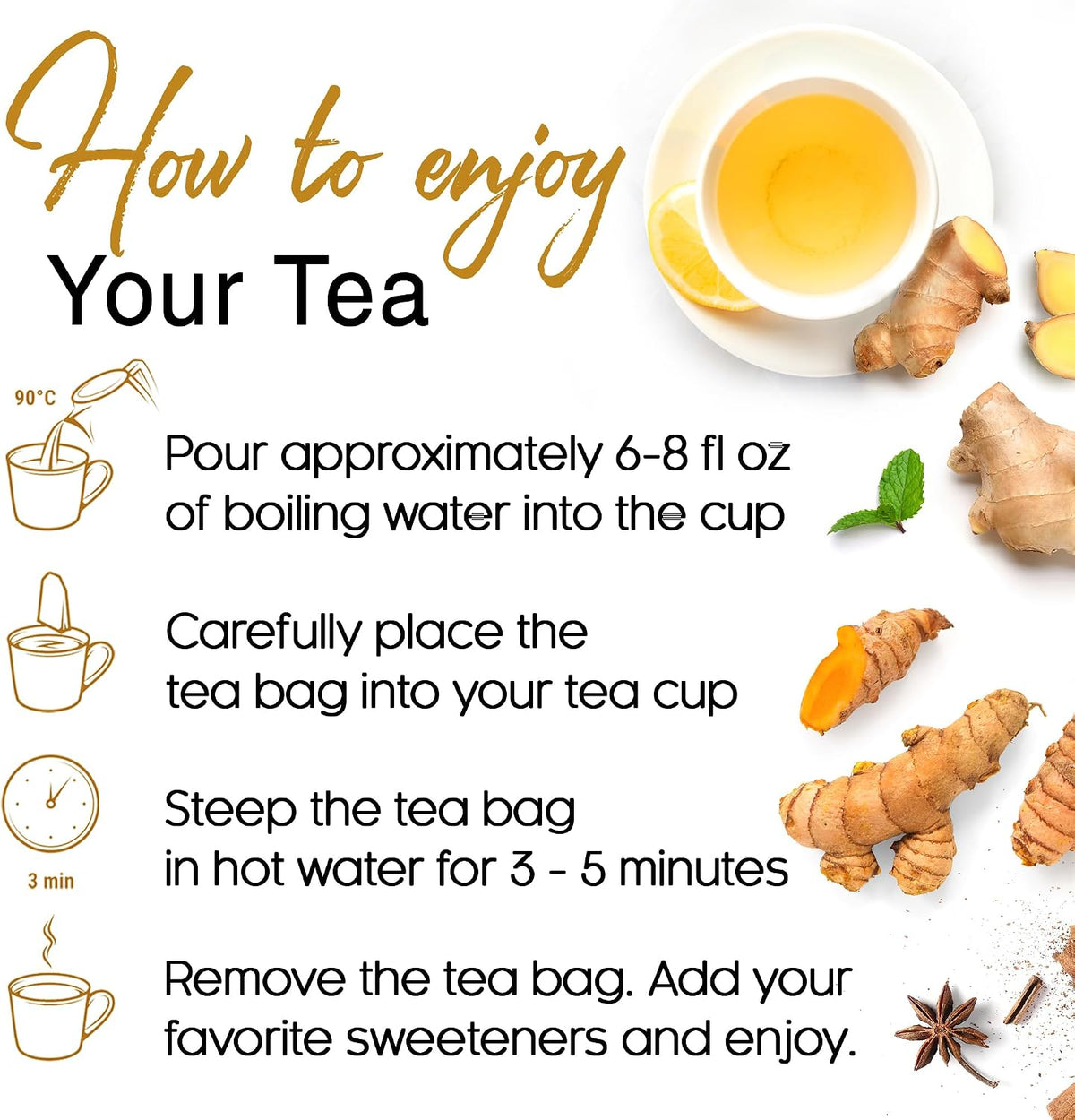 FloraBliss 50 Bags Turmeric, Ginger, and Cinnamon Tea. Added Chamomile