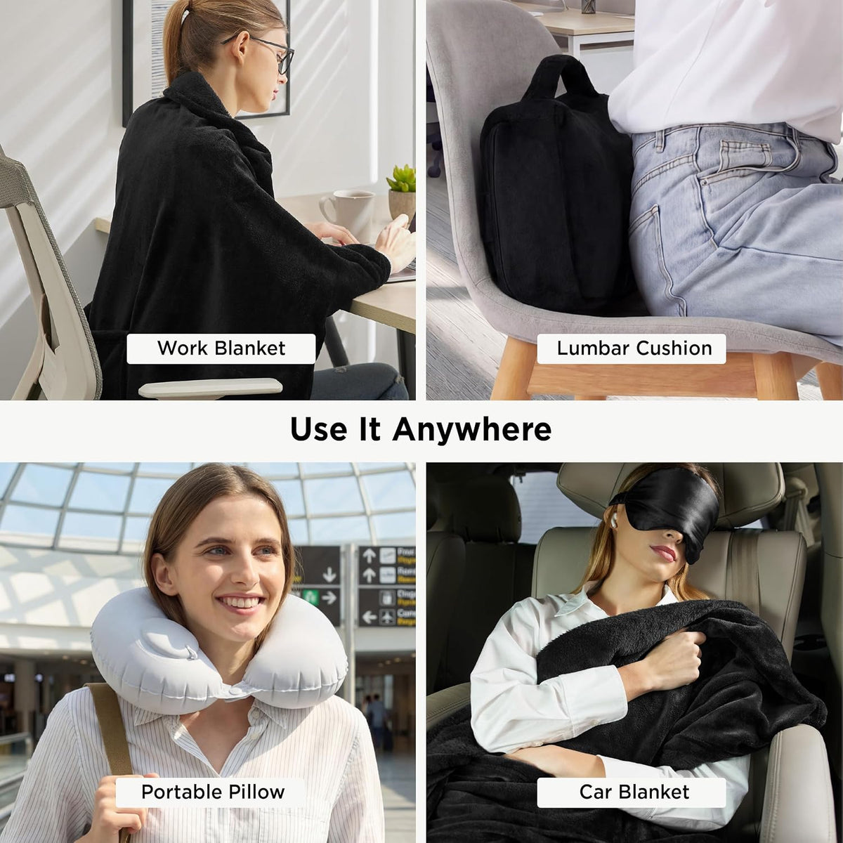 Bedsure Travel Blanket Set with Inflatable Neck Pillow and Eye Mask, Grey