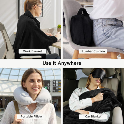 Bedsure Travel Blanket Set with Inflatable Neck Pillow and Eye Mask, Grey