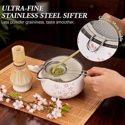 Matcha Whisk Set, 7 PCS Ceramic Matcha Sets with Bowl, Bamboo Whisk and Holder, Towel, Sifter, Bamboo Scoop, Scoop Rest, Christmas Gifts for Tea Lovers, Birthdays New Year Gifts for Women Mom