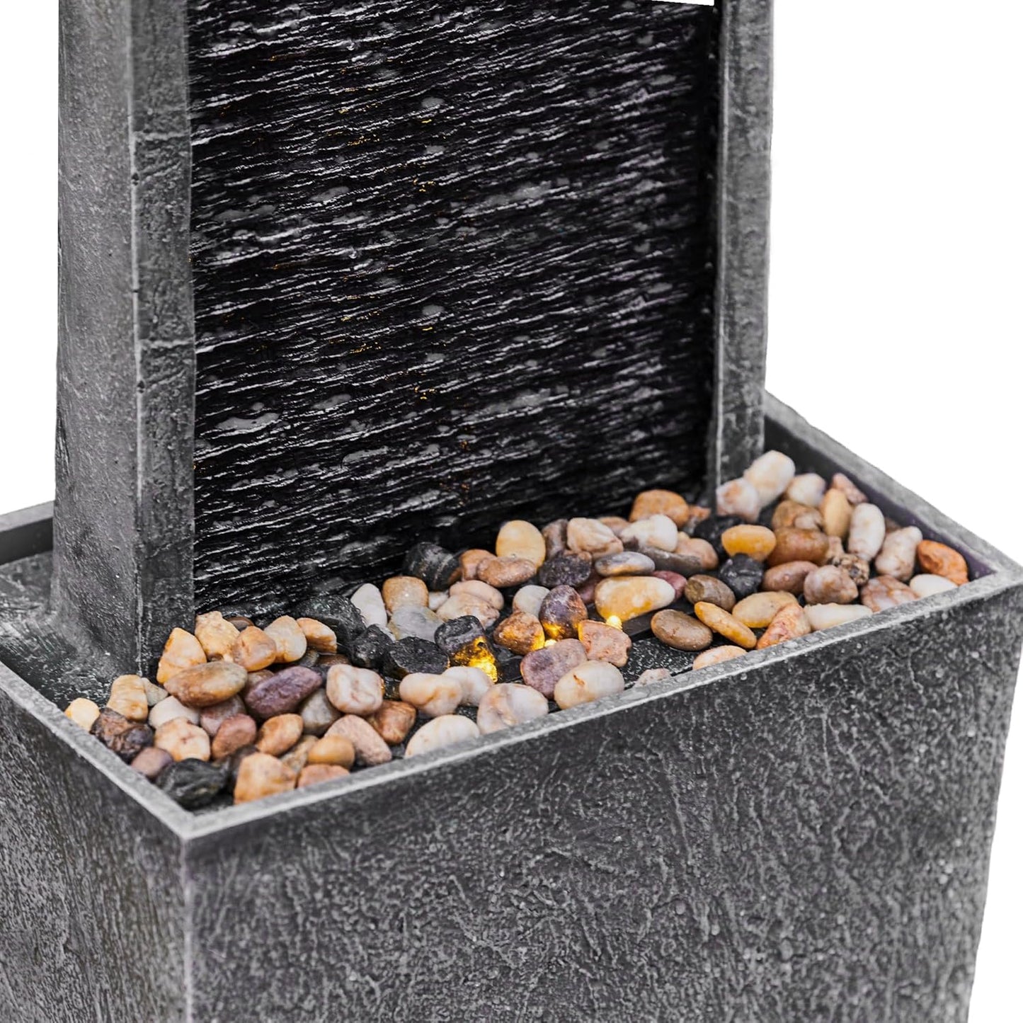 Teamson Home 38.58 in. Modern Curved Faux Slate Waterfall Fountain for Indoors or Outdoors with LED Light Accents and 1.98-Gallon Pump, Black and Stone Gray | Freestanding Floor Garden Waterfall, LED Lights, Weatherproof Polyresin, For Patio & Yard