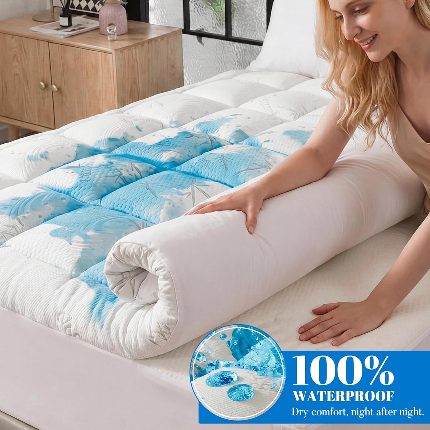 Ubauba 100% Waterproof King Size Mattress Topper, Viscose Made from Bamboo Pillow Top Mattress Protector for Back Pain Relief, Breathable Cooling Mattress Pad for Hot Sleeper, 8-21 Inch Deep Pocket