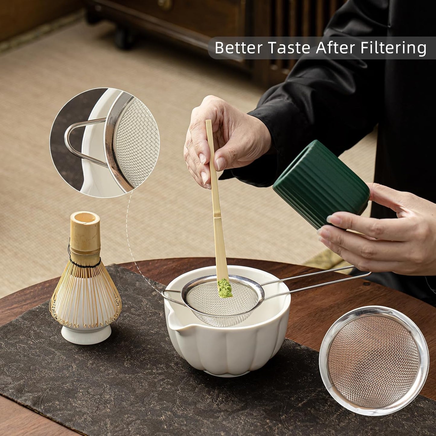 Matcha Whisk Set, Matcha Set Includes Ceramic Matcha Bowl, Bamboo Whisk, Scoop, Chasen Holder, Sifter, 5 Pcs Perfect Matcha Kit for Matcha Lover (Mottled Green)