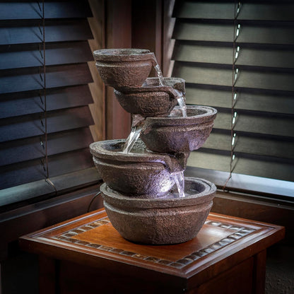 Alpine Corporation WIN1138 13" Indoor Tabletop Tiering Bowls Water Fountain with LED Lights – Cascading Water Feature for Home, Office, Meditation, and Relaxation, Dark Gray
