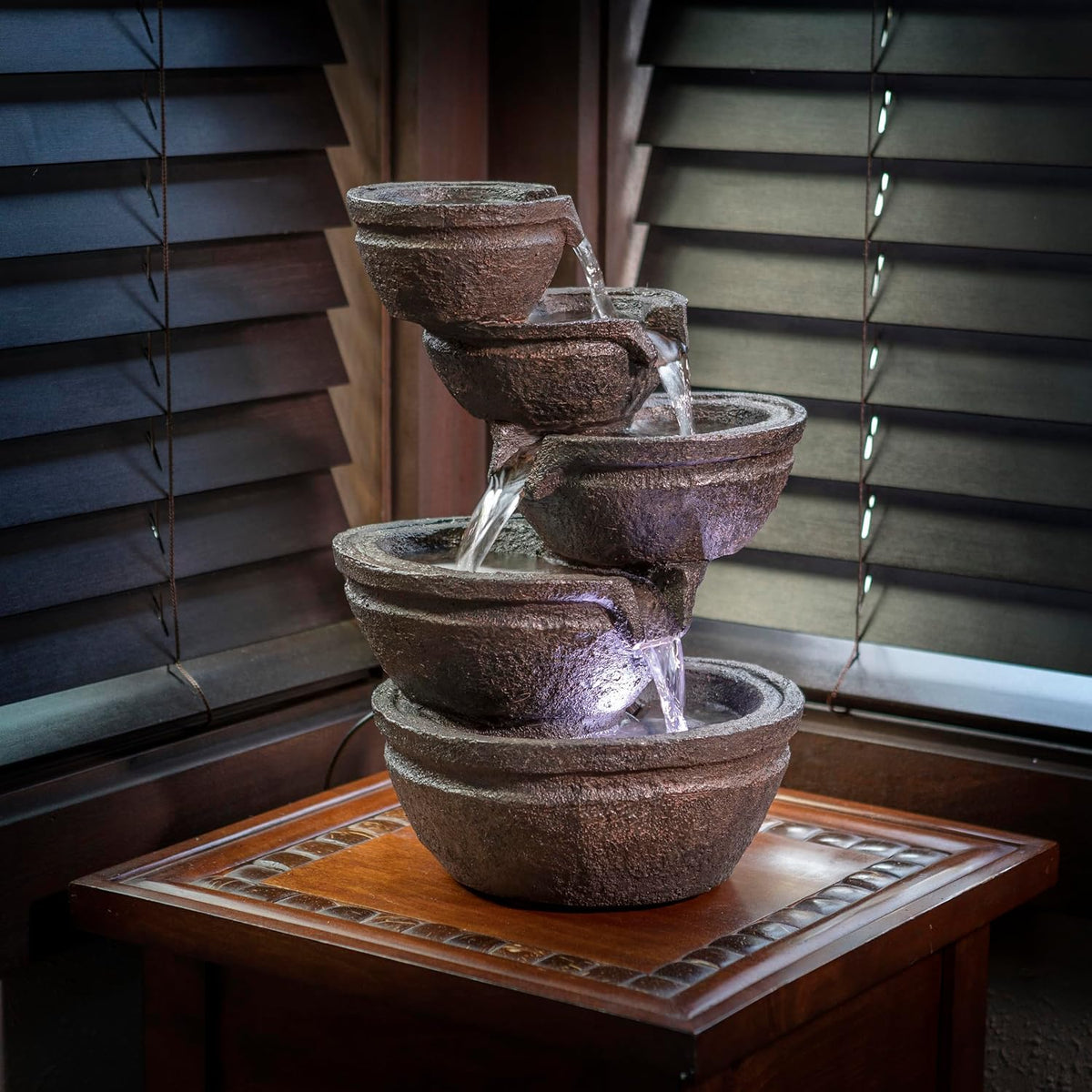 Alpine Corporation WIN1138 13" Indoor Tabletop Tiering Bowls Water Fountain with LED Lights – Cascading Water Feature for Home, Office, Meditation, and Relaxation, Dark Gray