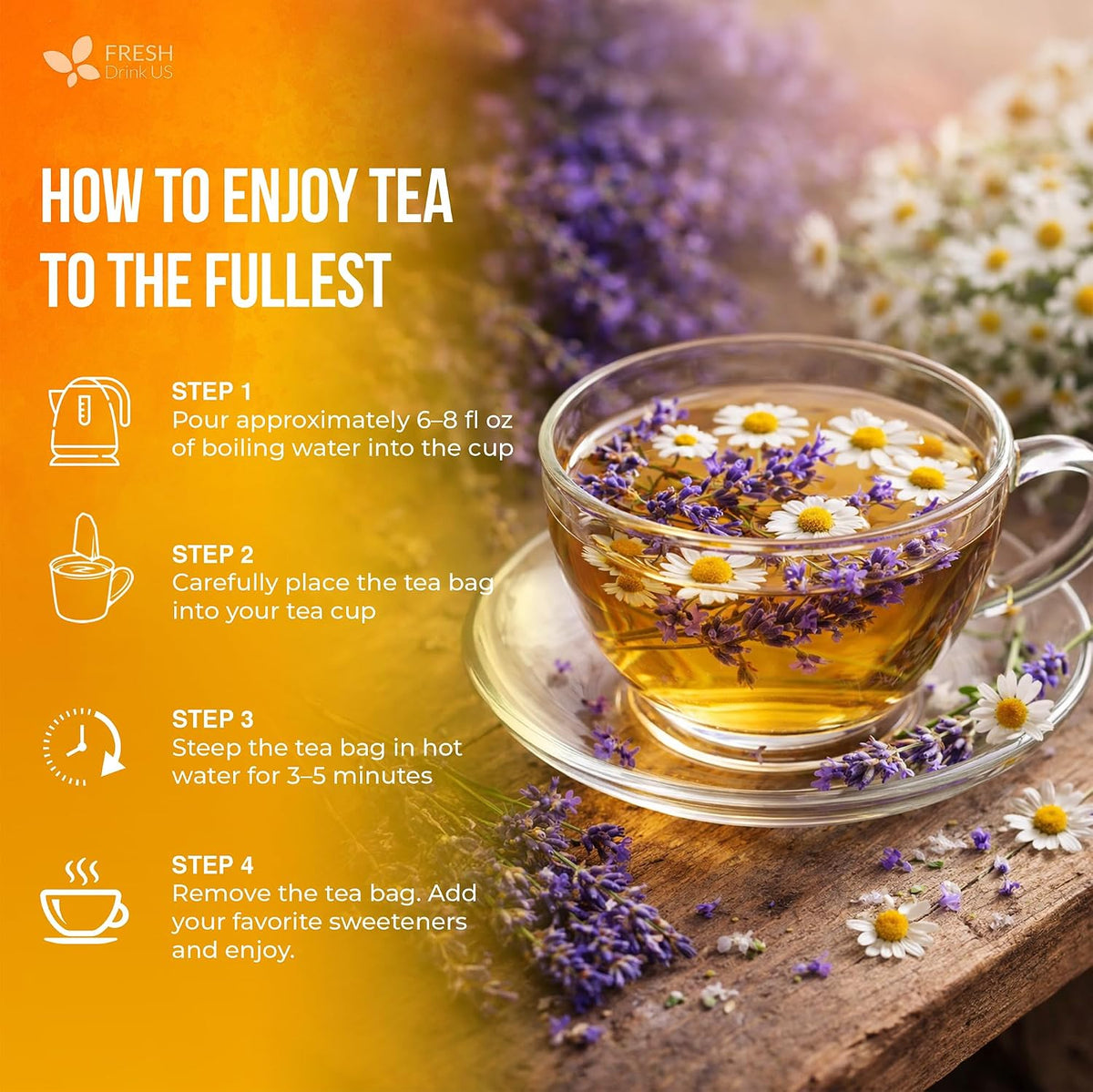 FreshDrinkUS, Premium Chamomile Lavender Tea, 60 Count, Caffeine Free