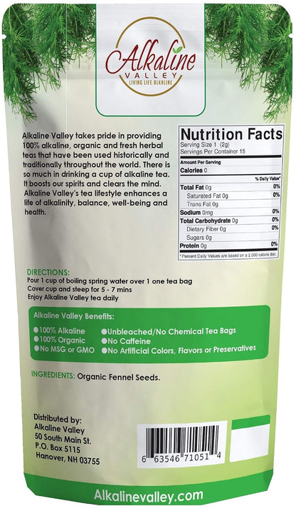 Fennel Tea - 100% Organic and Alkaline - 15 Unbleached/Chemical-Free Fennel Tea Bags - Caffeine-Free, No GMO