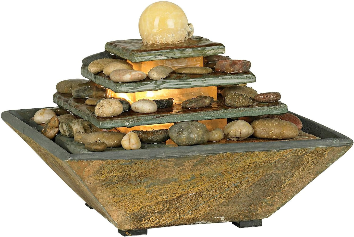 Pyramid 10" High Small Zen Modern Indoor Decor Slate Stone Tabletop Fountain with Light Waterfall Feng Shui Ball Rock Water Feature for Desk Relaxation Bedroom Living Room Countertop - John Timberland