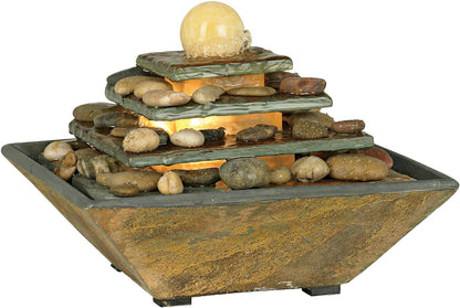 Pyramid 10" High Small Zen Modern Indoor Decor Slate Stone Tabletop Fountain with Light Waterfall Feng Shui Ball Rock Water Feature for Desk Relaxation Bedroom Living Room Countertop - John Timberland
