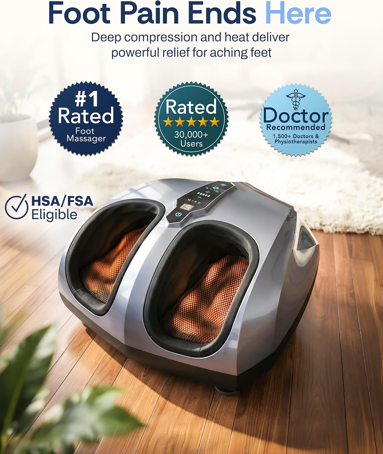 MIKO Foot Massager Machine with Deep-Kneading, Compression, Shiatsu, and Heat for Plantar Fasciitis, Neuropathy - Fits up to Men Size 12