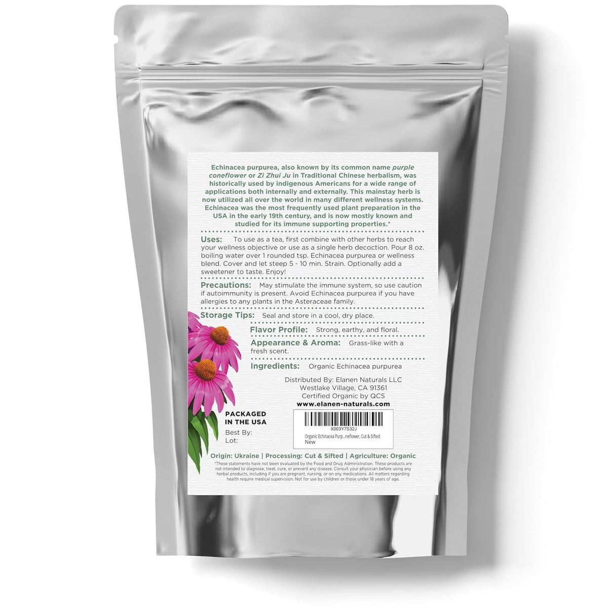 Organic Echinacea Purpurea 4 oz. (113g), USDA Certified Dried Echinacea Tea, Premium Quality Herb, Purple Coneflower, Cut & Sifted