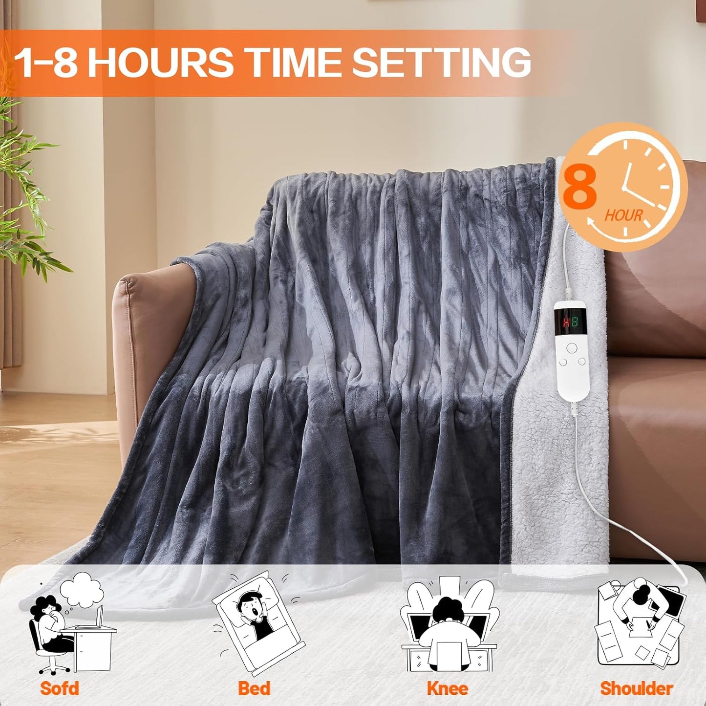 Electric Heated Blanket Throw Size 50''x60''-Control Heating Blanket, Soft & Warm Flannel 10-Level Temperature Control, 8 Hours Auto Off, Rapid Heating & Overheat Protection