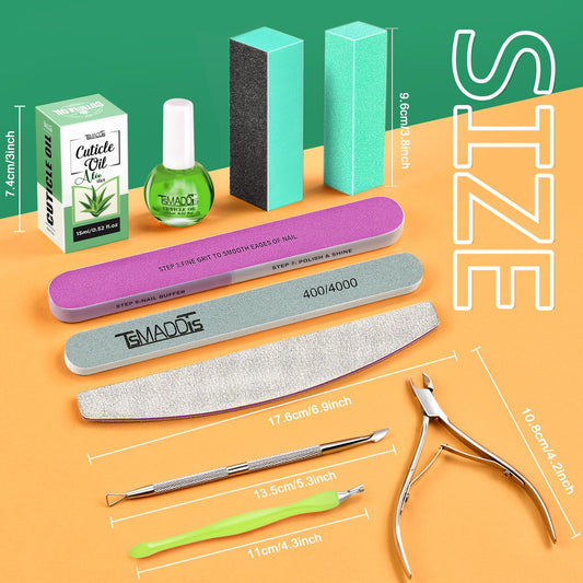 TsMADDTs Manicure Tools Kit Nail Care Kit with 3 pcs Files, 2 pcs Buffer Blocks, 2 Polishing Buffers, Cuticle Nipper, Pusher and Cuticle Oil