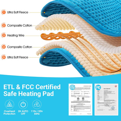 Boileau Electric Heating Pad for Back Pain and Period Cramps Relief, FSA Eligible17 x33 Extra Large XXXL, HSA 3 Heating Levels Heat Pad with 2-Hour Auto Shut Off, Gifts for Women and Mom, Blue