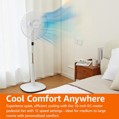 Amazon Basics 16" Pedestal Fan with Remote for Bedroom, Living Room, Office, Adjustable Height, Dual-Layered Blades, 3 Speeds, 3 Modes, Timer, Tilt Head, 60W, Black